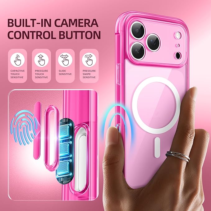 BERFY for iPhone 17 Pro Case, Compatible with MagSafe, Built-in Glass Screen Protector, Camera Protection, Shockproof Full Body Phone case 6.3", Clear Bright Pink