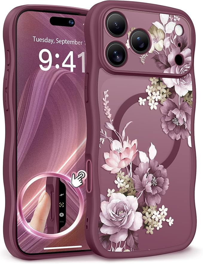 GVIEWIN for iPhone 17 Pro Case Compatible with MagSafe [Curly Wave Edge][Full Camera Protection]Floral Translucent Shockproof Magnetic Women Phone Case for iPhone 17 Pro 6.3'',Cherry Blossoms/Burgundy