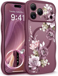 GVIEWIN for iPhone 17 Pro Case Compatible with MagSafe [Curly Wave Edge][Full Camera Protection]Floral Translucent Shockproof Magnetic Women Phone Case for iPhone 17 Pro 6.3'',Cherry Blossoms/Burgundy