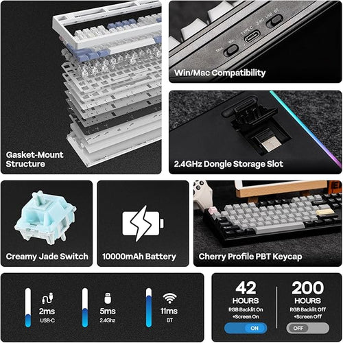 EPOMAKER TH108 PRO Full Size Mechanical Keyboard with Screen & Knob, Wireless Gaming Keyboard with 10000mAh, Creamy Gasket, Hot Swap, Custom Driver, RGB Backlight (Black, Creamy Jade)