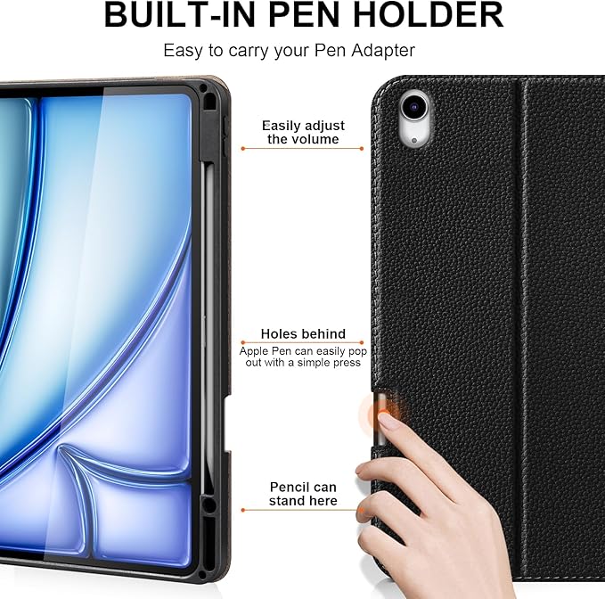 for iPad Air 13 inch Case 2024/2025/2026 M4/M3/M2 Model, Premium Smart Folio Cover with Auto Wake/Sleep, Apple Pencil 2 Holder, Multi-Angle Stand and Secure Buckle Closure (Black)
