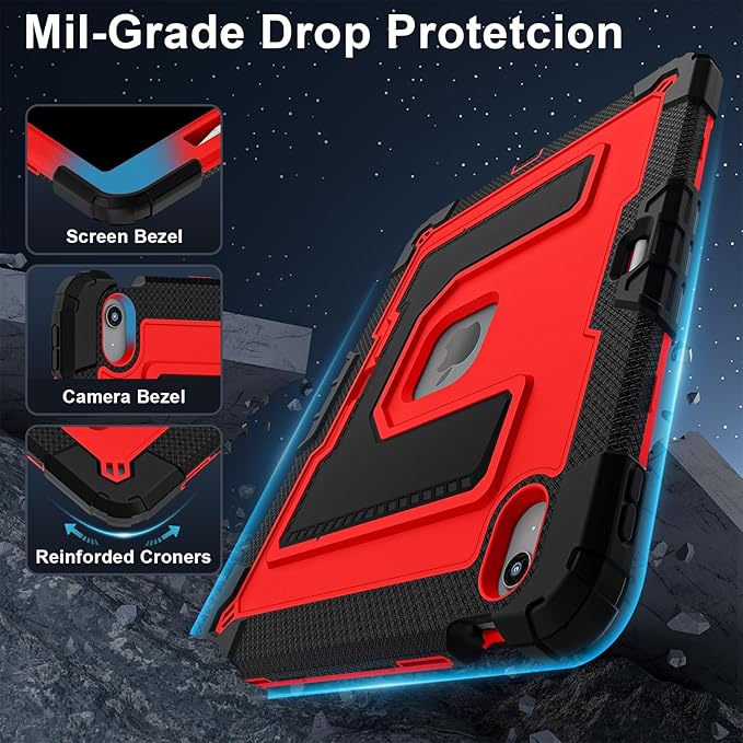 Kids Friendly Case for iPad Air 13 Inch M4 M3 M2 2026/2025/2024 Case with Pencil Holder & Shoulder Strap, Military Grade Shockproof Kickstand Hard Shell Protective Cover,Black+Red