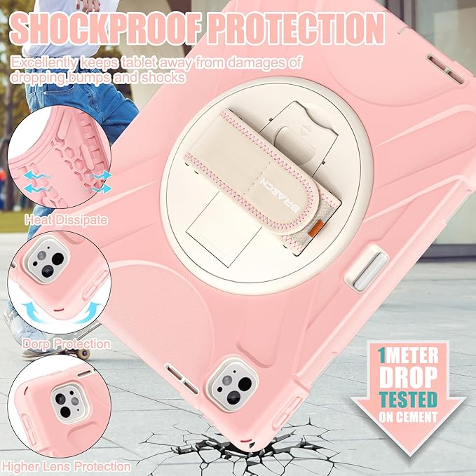 BRAECNstock Case for Apple iPad Pro 13 inch M5 2025 / M4 2024, Shockproof Protective Kids Case with Pencil Holder [360 Rotating Hand Strap + Stand], Shoulder Strap, Sakura Pink