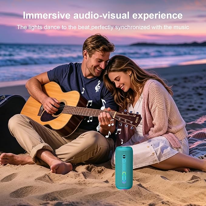 Bluetooth Bass Speaker 24W Loud Stereo Sound, Deep Bass, TWS Pairing, IPX7 Waterproof Dustproof,12H Playtime, RGB Light, Bluetooth Speakers Outdoor for Travel, Sport, Party, Biking (Teal)