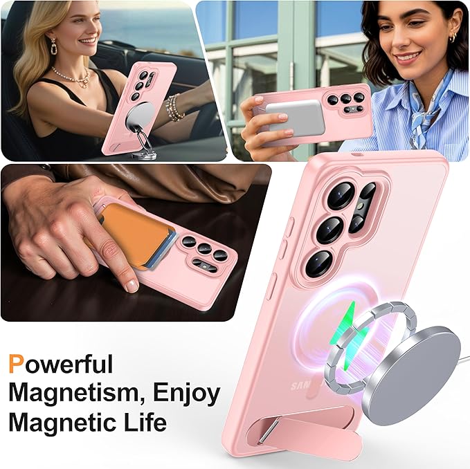 Magnetic for Samsung Galaxy S26 Ultra Case, [Compatible with MagSafe][Full Camera Protection][Built-in Invisible Kickstand] Translucent Matte Phone Case for S26 Ultra 6.9" - Pink