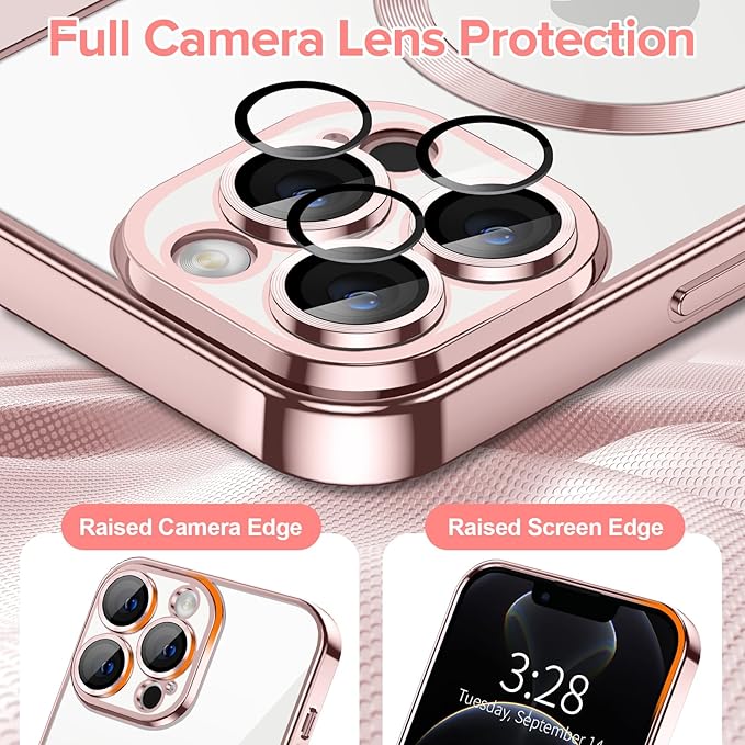 Hython Magnetic Clear for iPhone 12 Pro Case with Camera Lens Protector [Compatible with MagSafe] Luxury Plating Edge Slim Soft TPU Cover Protective Phone Case for iPhone 12 Pro 6.1", Pink