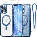 Meifigno Designed for iPhone 16 Pro Max Case 6.9", [Glitter Card & Wrist Strap] [Compatible with MagSafe] [2X Screen Protectors] Surround Lens Protection Designed for 16 ProMax Case, Deep Blue