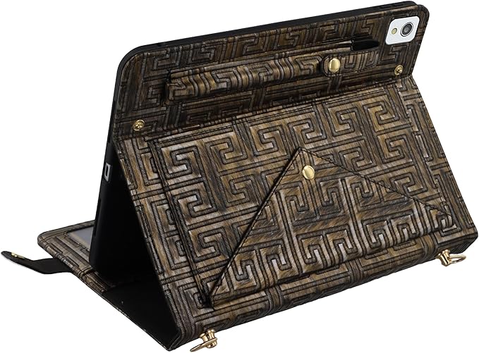 Handbag Case for iPad 9th 8th 7th Gen 10.2"/iPad Pro 10.5/iPad Air 3 2019 - Techcircle Vintage Pattern Crossbody Folio Stand Wallet Case with Pencil/Card Holder, Hand Grip/Shoulder Strap, Retro Bronze