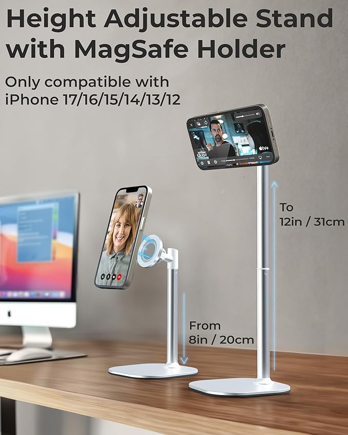COOPER MagStand, Adjustable Magnetic iPhone Stand for Desk & Phone Holder for Video Recording, Compatible with MagSafe, Stand for iPhone 17 Pro Max, 16/15/14/13/12, Small Mag Safe Tripod (White)