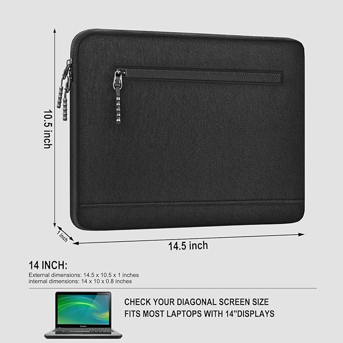 Laptop Sleeve 14 inch, Shockproof Protective Computer Case with Front Pocket, Water Resistant Durable Traveling Laptop Carrying Bag Compatible for MacBook Air/Pro, HP, Dell, Lenovo, Acer, Black