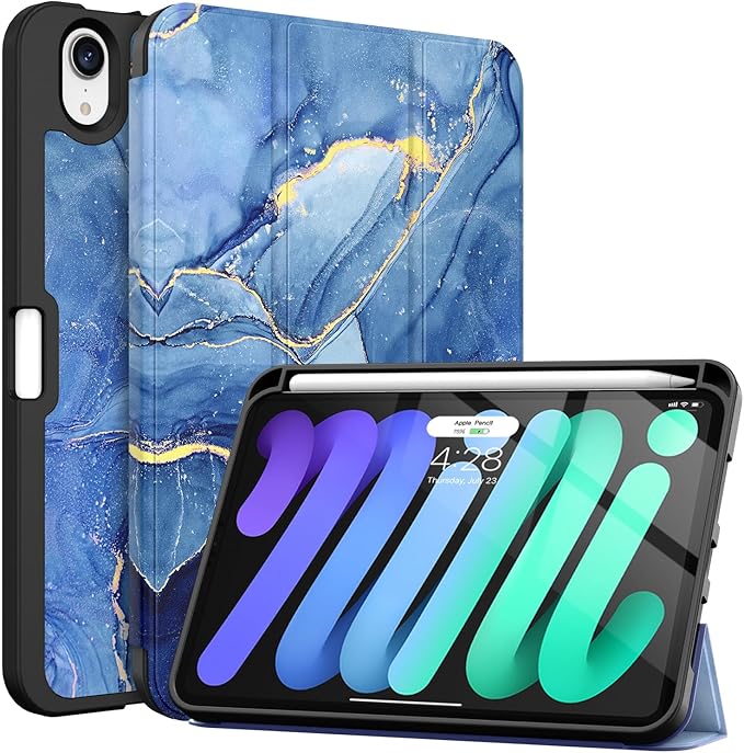 Soke Case for iPad mini 7(A17 Pro) 2024/iPad Mini 6 2021 8.3 inch with Pencil Holder-[Pencil Charging + Auto Wake/Sleep], Soft TPU Back Cover for iPad mini 7th/6th Generation(Ocean Marble)
