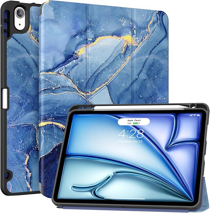 Soke Case for New iPad Air 11 Inch (M4/M3/M2, 2026-2024), iPad Air 5th/4th Generation 10.9 Inch (2020-2022) with Pencil Holder, Soft TPU Back Cover & Auto Sleep/Wake, Ocean Marble
