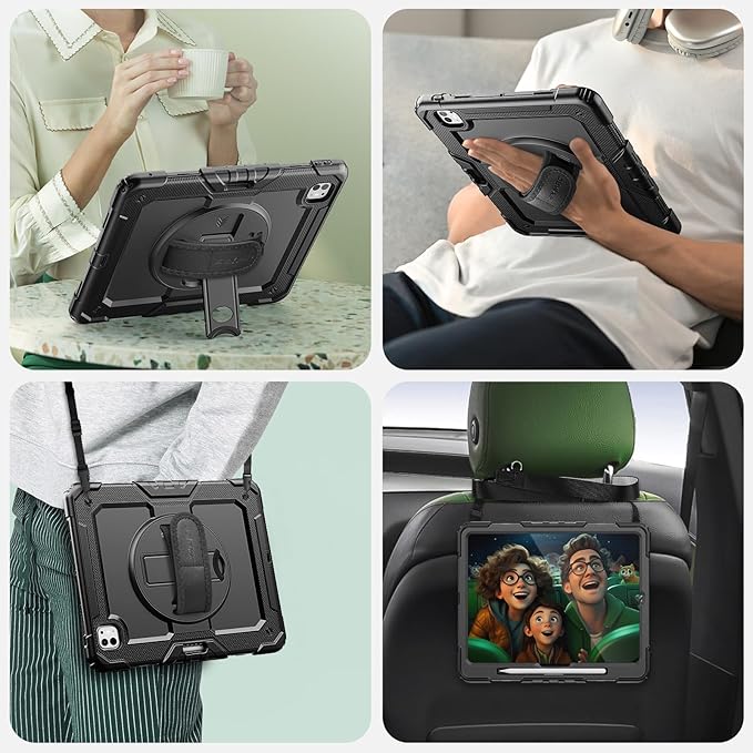 SEYMAC Case for iPad Pro 13 Inch M5 2025 / M4 2024, Heavy Duty Shockproof Protective Case with Screen Protector, 360° Rotating Stand, Hand/Shoulder Strap and Pen Holder, Black
