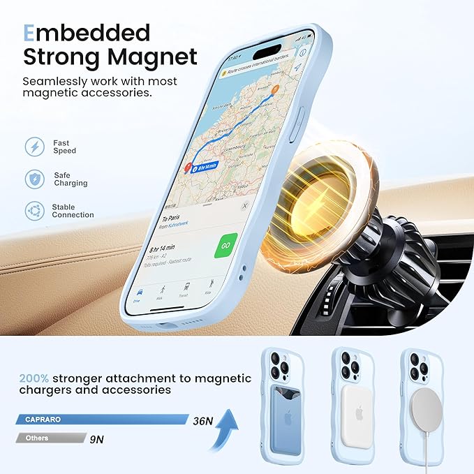 CAPRARO for iPhone 13 Pro Case with 360° Spin Magnetic Stand for Women, [Compatible with MagSafe] [Full Camera Protection] Cute Wave Translucent Matte Case for iPhone 13 Pro, Light Blue