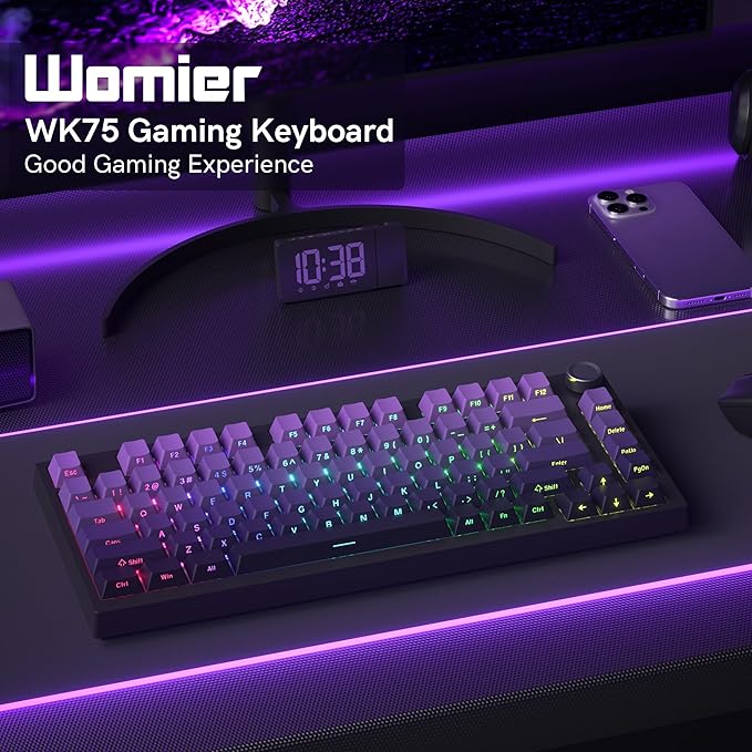 COSTOM WK75 75% Wireless Gaming Mechanical Keyboard,BT5.0/2.4GHz/USB-C, Hot Swappable Pre-lubed Custom Linear Switches,Gasket Structure,RGB Backlit Keyboard for PC/Laptop/Xbox/PS4/PS5 (Purple)