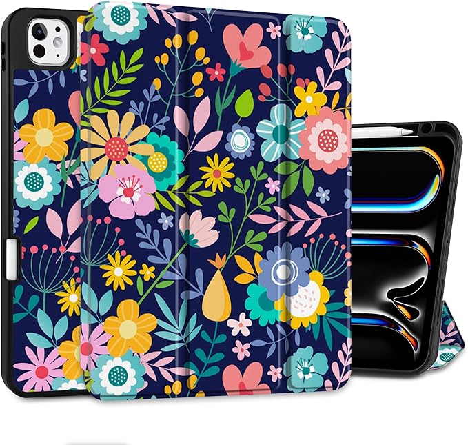 DONGKE Case for iPad Pro 11 inch (M5 2025 / M4 2024, 6th & 5th Generation) – [Built-in Pencil Holder] Ultra Slim PU Leather Trifold Stand Cover with Soft TPU Back, Auto Wake/Sleep, Florals