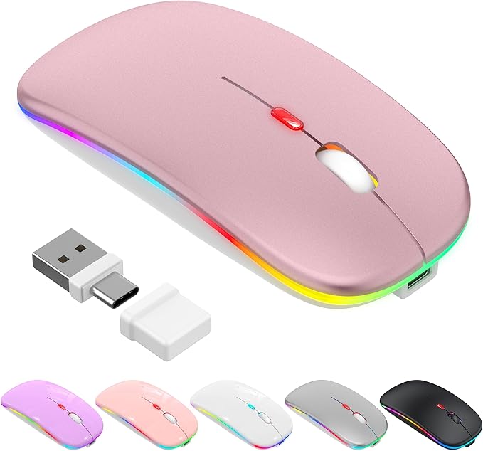 LED Bluetooth Wireless Mouse for MacBook Air Mac Pro Laptop iPad –Rechargeable Silent Light-Up Optical Mouse with Jiggler Dual Mode BT5.2 & USB-A/USB-C for Students, Kids, Girls, Boys – Rose Gold