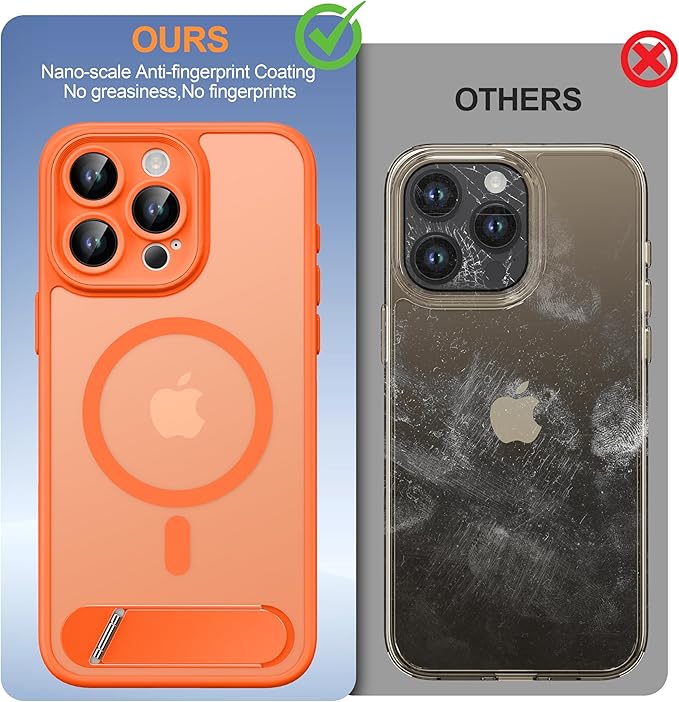 Magnetic Compatible with iPhone 15 Pro Max Case, [Built-in Kickstand][Full Camera Protection][Compatible with MagSafe][Anti-Fingerprint] Shockproof Phone Case for iPhone 15 Pro Max 6.7",Orange