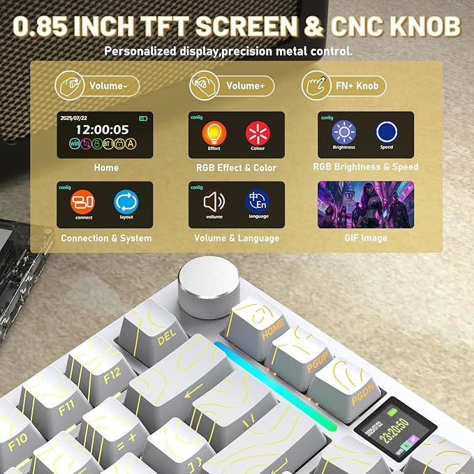 Attack Shark X820Ultra Wireless 75% Mechanical Gaming Keyboard with Screen & Knob Hot Swappable 2.4GHz/BT/Wired RGB Backlit Gasket Mount Side Print PBT Keycap QMK Web Driver Gift Switch-White Contour