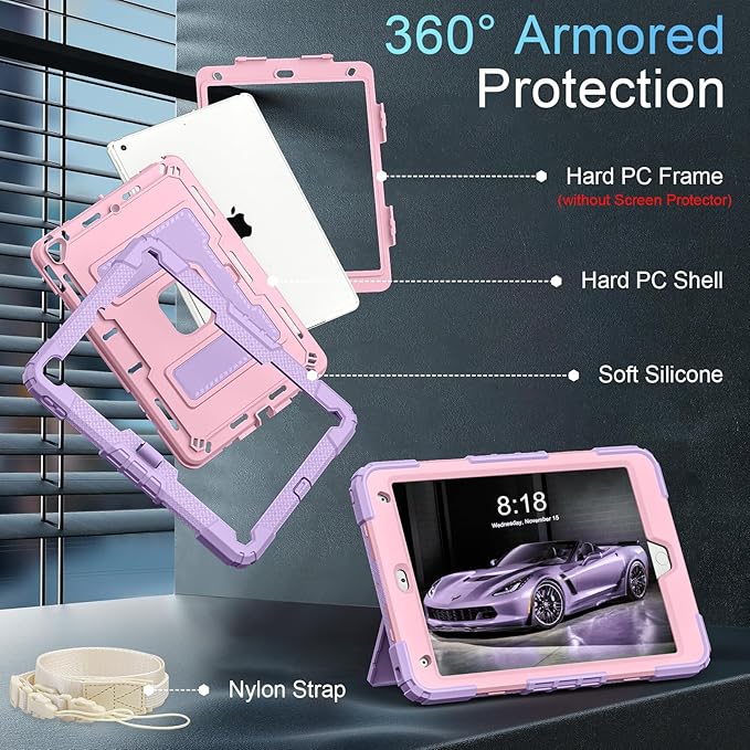 for iPad 9th/ 8th/ 7th Generation 10.2 Inch (2021/2020/ 2019) iPad Case 9th Generation with Pencil Holder,Heavy Duty Shockproof Cover for i Pad 9th/8th/7th Gen,Purple Rose