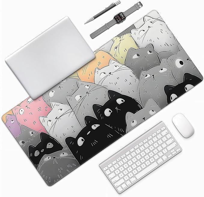 Large Mouse Pad with Cute Cat Design, Non-Slip Rubber Desk Mat, Rectangular Gaming Office Keyboard Pad, 35.4x15.7 Inches