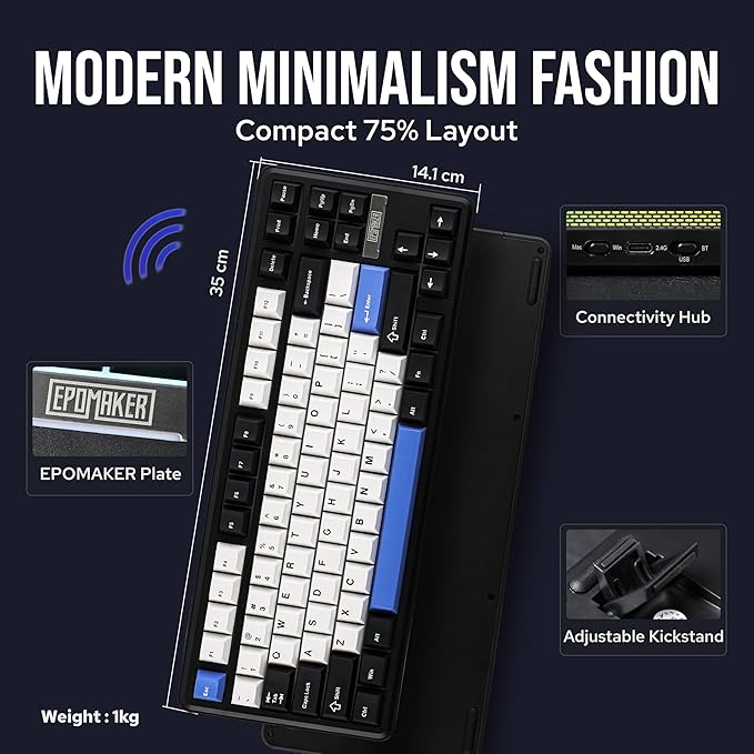 EPOMAKER TH85 QMK/VIA Wireless Gaming Keyboard, BT5.0/2.4GHz/USB-C, Hot Swappable Pre-lubed Custom Creamy Jade Linear Switches, Gasket Creamy Keyboard for PC/Mac/Office/Gaming (Black&White&Blue)