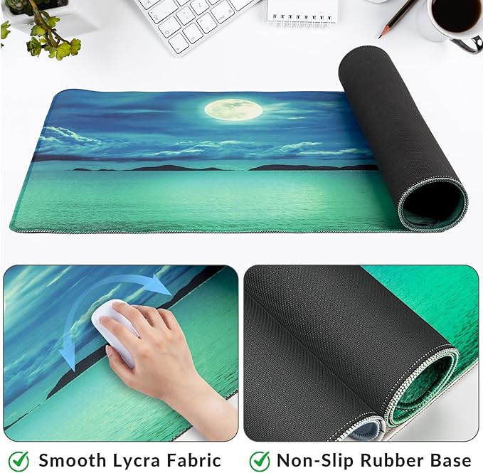 Large Gaming Mouse Pad with Coaster, Desk Matt for Desktop, Desk Pad, Mouse Pads Mat, Stitched Edges Big Extended Mousepad for Computer Keyboard Laptop Office Decor, 31.5'' x15.6''-Moon Ocean