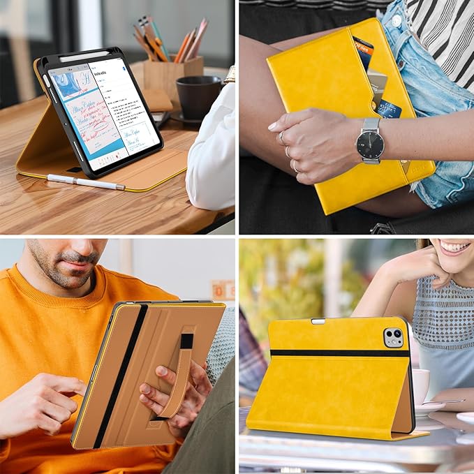 DTTO for iPad Pro 11 inch Case (M5/M4) 2025/2024, Premium Leather Business Folio Stand Cover with Pencil Holder - Auto Wake/Sleep and Multiple Viewing Angles, Yellow