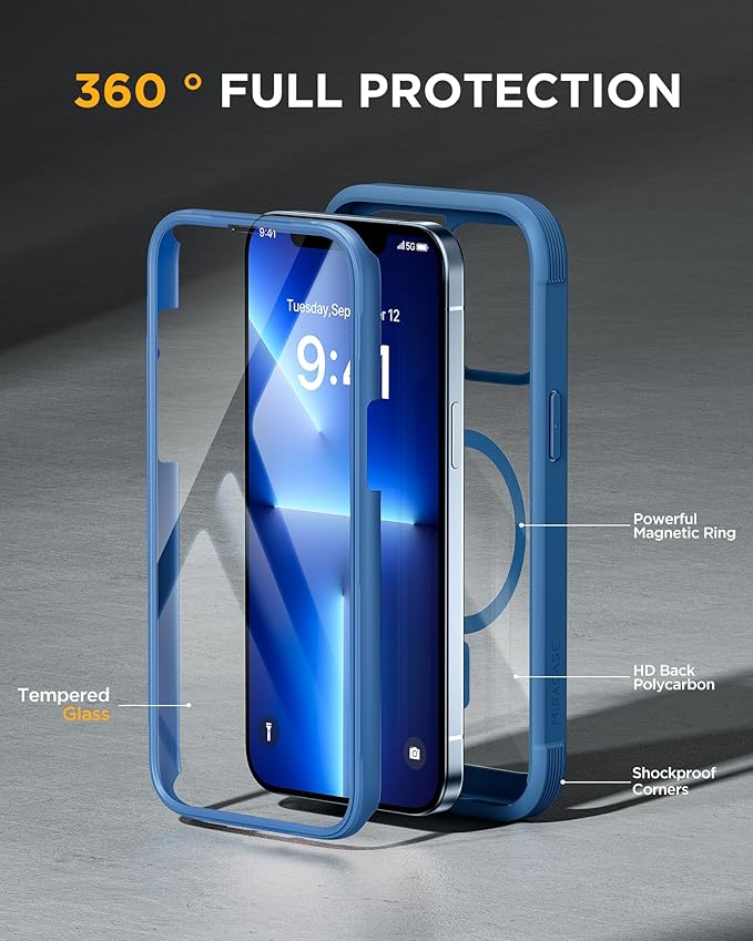 Miracase Magnetic for iPhone 13 Pro Max Case 6.7 inch, (Compatible with MagSafe) Upgrade Full-Body Clear Phone Bumper Case with Built-in 9H Tempered Glass Screen Protector, Magnetic Capri Blue