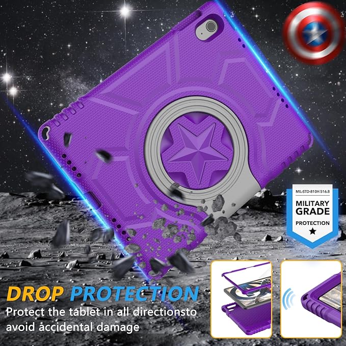 Kids Case for iPad 10th Generation 10.9-inch (2022) & iPad Air 11-inch M2 (2024) & iPad Pro 11-inch M4 (2024), Lightweight Shockproof Case Built-in Screen Protector with Handle Stand, Purple
