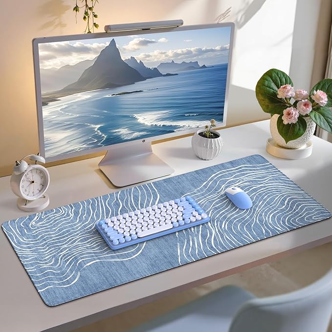iCasso Desk Cover Mat,Extended Long Mouse Pad for Laptop,Aesthetic Computer Pad with Stitched Edges,Non Slip Keyboard Mat for Desktop,Cute Blue Desk Protector for Office Home School