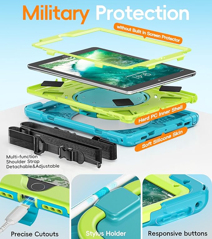 BATYUE Case for iPad 6th Generation 9.7 inch 2018, iPad 5th Gen 2017, iPad Air 2/ iPad Pro 9.7'',Shockproof Protective Cover with Pencil Holder &Rotating Bracket &Shoulder Strap (Light Blue+Lime)