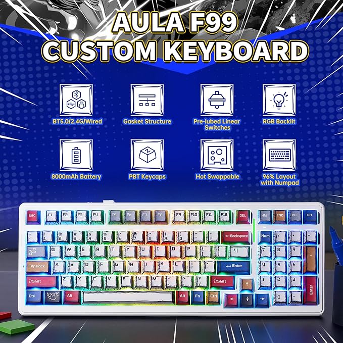 Aula F99 Mechanical Gaming Keyboard, Wireless Creamy Keyboard Hot Swappable Custom Keyboards Rechargeable, Tri-Mode BT5.0/2.4GHz/USB-C, Pre-lubed Linear Switches, RGB Backlit, Gasket Structure