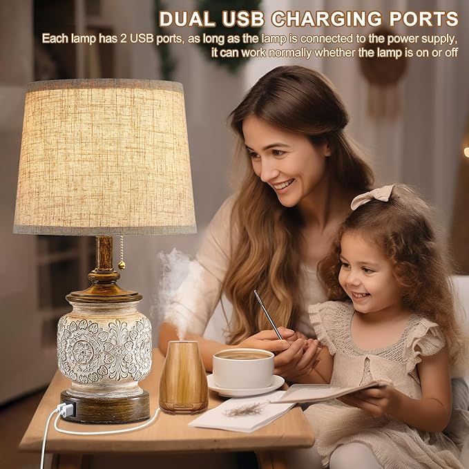 19.5" Farmhouse Bedside Table Lamps Set of 2 Rustic Lamps for Nightstand Bedroom with USB Ports Vintage Traditional White Carved Floral Night Light Lamps for Living Room End Tables Decor
