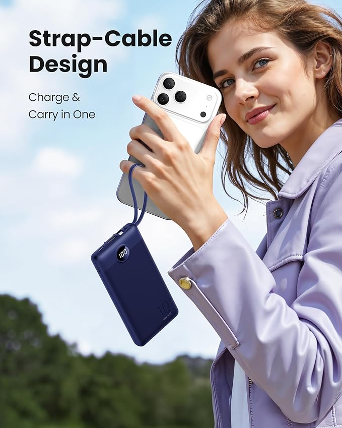 Portable Power Bank, Compact 10000mAh Portable Charger with 4 Cables, USB C Battery Pack 5 Outputs 2 Inputs LED Display Compatible with iPhone/Android & More (Navy Blue)