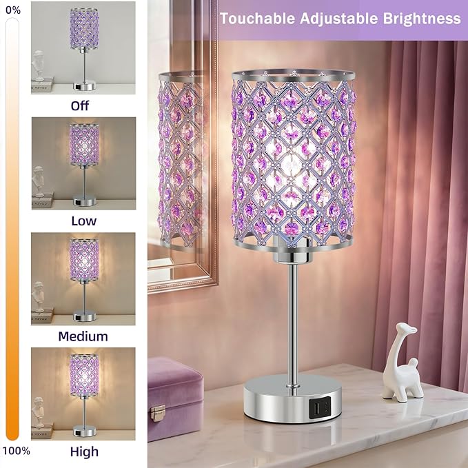 GyroVu Purple Crystal Table Lamps Set of 2, Dimmable Touch Control Bedside Lamps with USB C+A Ports, Small Night Lights for Bedroom, Living Room, Girls Room, Home Office, Bulbs Included