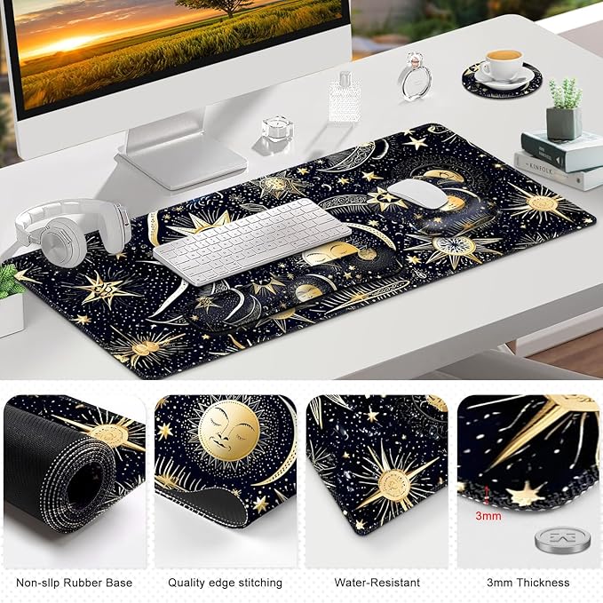 Gaming Mouse Pad, Large Desk Mat, Cute Desk Pad Protector, 4in1 XXL Mousepad + Keyboard Wrist Rest+Mouse Wrist Rest+Coaster Set with Ergonomic Desk Pad for Home Office PC Computer, Stars and Moon