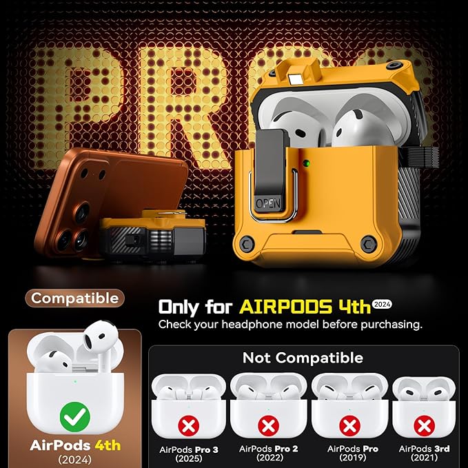 Inesore Compatible with AirPods 4 Generation Case,Secure Lock & Phone Stand Design,Compatible with MagSafe,Automatic Snap Switch Secure Cover for New AirPods 4th (2024)-Yellow