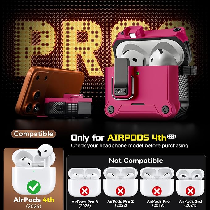 Inesore Compatible with AirPods 4 Generation Case,Secure Lock & Phone Stand Design,Compatible with MagSafe,Automatic Snap Switch Secure Cover for New AirPods 4th (2024)-Rose red