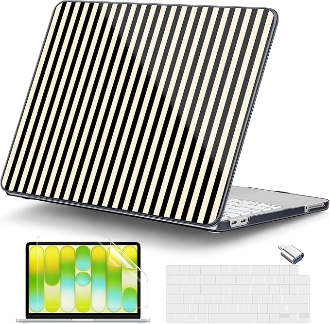 DONGKE for MacBook Neo 13 Inch Case 2026 (Model A3404, A18 Pro chip), Stylish Pattern Protective Hard Shell with Screen Protector, Keyboard Cover & USB-C Adapter - Black & Cream Stripes