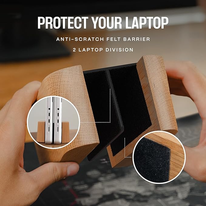 COREMINDED Adjustable Dual Vertical Laptop Stand for Desk, Wooden Laptop Holder, MacBook Pro Stand, Wood Mac Air Dock