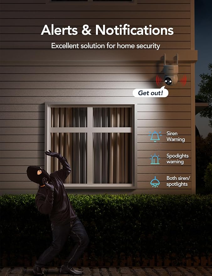 GNCC Solar Security Cameras Wireless Outdoor 2.4G WiFi, 360° View, Solar/Battery Powered, AI Human Detection, Color Night Vision, 2-Way Audio, Spotlight Siren Alarm, IP65 Waterproof, SD/Cloud Storage