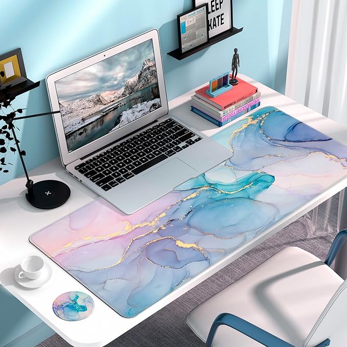 Large Gaming Mouse Pad with Coaster, Desk Matt for Desktop, Desk Pad, Mouse Pads Mat, Stitched Edges Big Extended Mousepad for Computer Keyboard Laptop Office Decor, 31.5'' x15.6''-Blue Marble