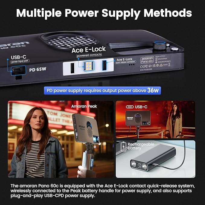 Amaran Pano 60c Kit Led Video Panel Light 60W RGBWW Full Color Lights,CCT 2,300K-10,000K,12 Lighting Efects,App Control,Support USB-C PD,with Softboxes and Carrying Case (Charcoal)