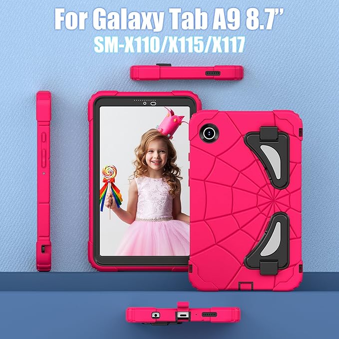 AKABEILA Compatible with Samsung Galaxy Tab A9 8.7 inch(SM-X115N)(2023) Tablet Case，Lightweight Shockproof Rugged Protective Cover with Kickstand for Kids Children Boys Babies Strawberry Black