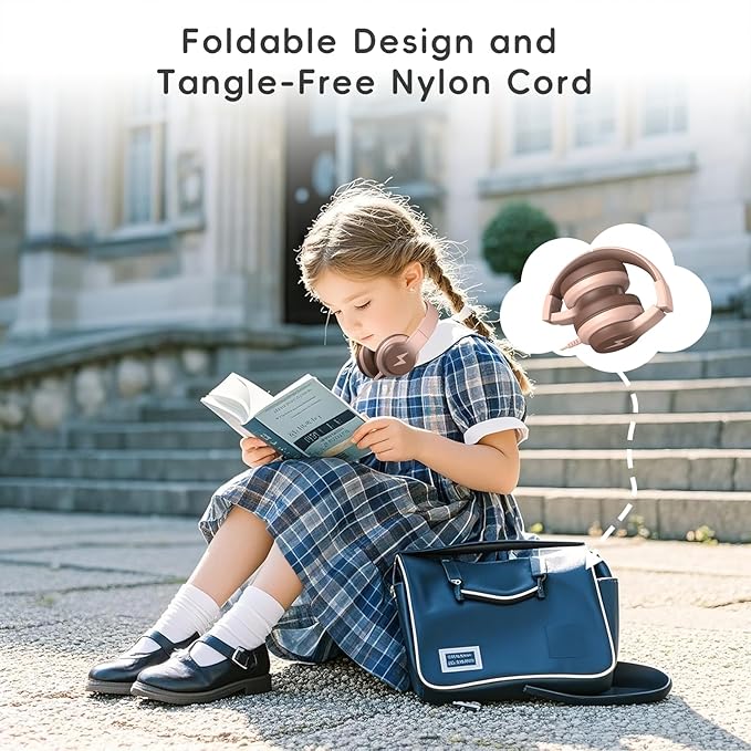 Candy Bila Kids Headphones, Wired Headphones for Kids Over Ear with Microphone, 85/94dB Volume Limiter Headphone for Girls Boys, Foldable Headphone for Learning & Entertainment, Gradient Brown