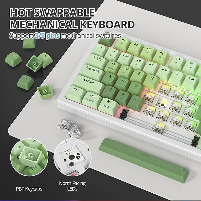 75% Creamy Mechanical Keyboard Green, Hot Swap RGB Gaming Key Board with Knob, Gasket Mount Wired TKL Keyboard 75 Percent, Pre-lubed White Switch Creamy Sounding Keyboards (82 Matcha)