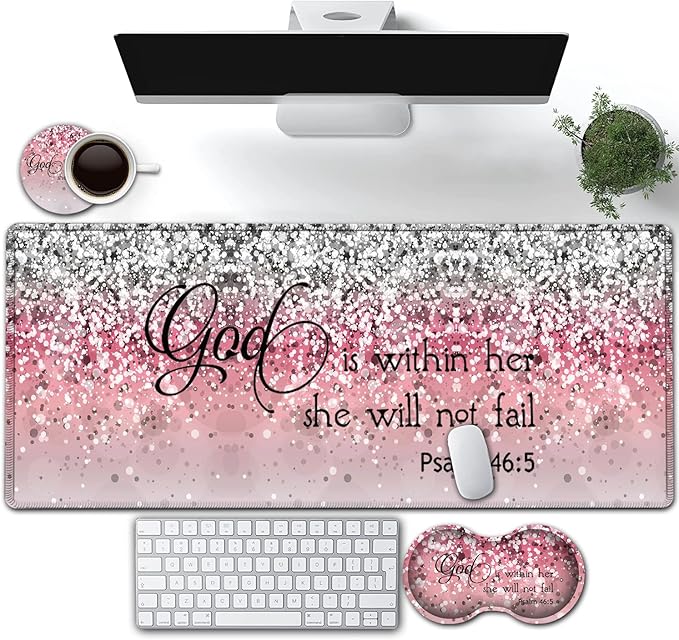 Large Gaming Mouse Pad, Extended Waterproof Desk Pad Protector (31.5" x 11.8") Ergonomics Memory Foam Mouse Wrist Rest Support, for Home Office Laptop Easy Typing, Psalm 46:5 Pink Glitter Mouse Mat
