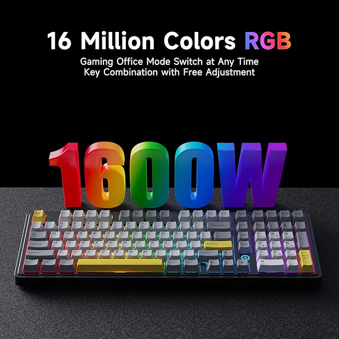 NACODEX AK980 Wired Mechanical Gaming Keyboard, 98% Gasket Hot Swappable Keyboard with RGB Backlit, PBT Keycaps, Five-Layer Padding, 101 Keys Gaming Keyboard, Gray White Yellow