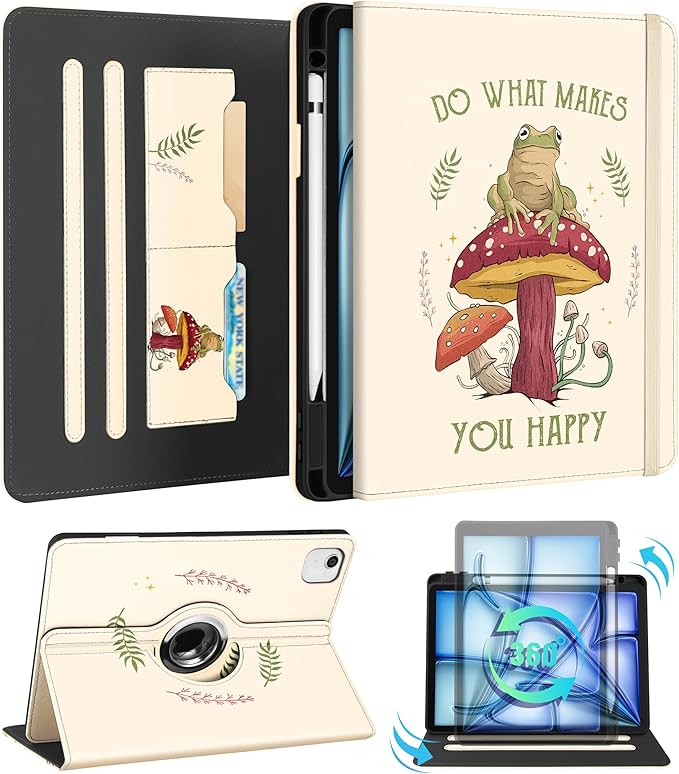 Kidcube for iPad Air 11 Inch Case M3/M2, Air 5th/4th Generation Cases 10.9'', Pro 11'' 2020 - Women Girls Aesthetic Cute Rotating Stand Folio Cover with Pencil Holder & Card Slot Cool Frog Mushroom